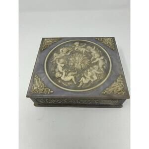 Vintage Incolay Stone Composite Blue Jewelry Box Cherubs Angels & Floral